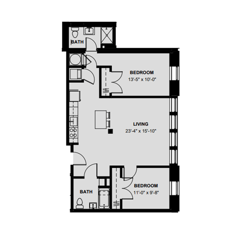 Floor plan for 2 beds, 2 baths, 894 sqft